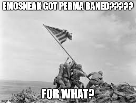 raising the flag | EMOSNEAK GOT PERMA BANED????? FOR WHAT? | image tagged in raising the flag | made w/ Imgflip meme maker