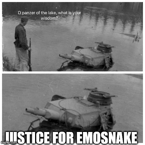 panzer of the lake template | JUSTICE FOR EMOSNAKE | image tagged in panzer of the lake template | made w/ Imgflip meme maker