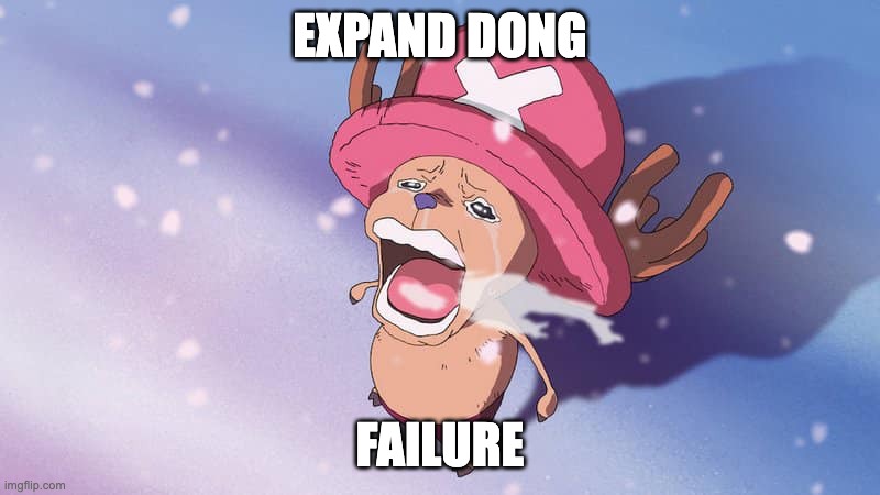 crying chopper one piece | EXPAND DONG; FAILURE | image tagged in crying chopper one piece | made w/ Imgflip meme maker