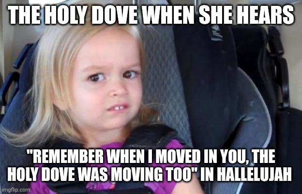 Side Eyeing Chloe | THE HOLY DOVE WHEN SHE HEARS; "REMEMBER WHEN I MOVED IN YOU, THE HOLY DOVE WAS MOVING TOO" IN HALLELUJAH | image tagged in side eyeing chloe | made w/ Imgflip meme maker