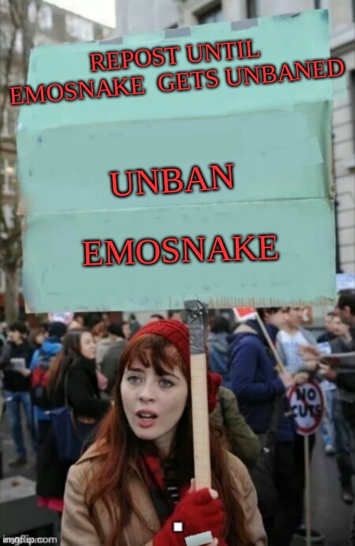 protestor | UNBAN; REPOST UNTIL EMOSNAKE  GETS UNBANED; EMOSNAKE | image tagged in protestor | made w/ Imgflip meme maker