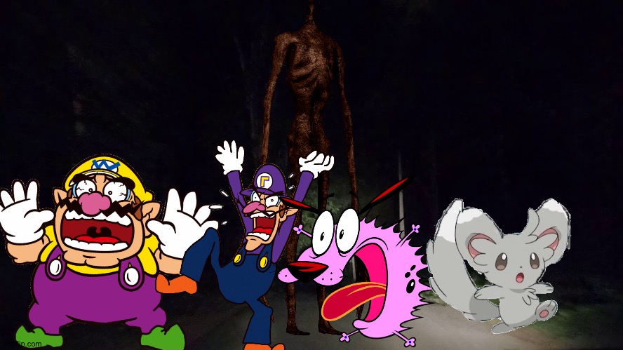 Wario and Friends dies by Siren head during a camping trip in the creepy forest | image tagged in creepy forest,crossover,pokemon,wario dies,siren head,courage the cowardly dog | made w/ Imgflip meme maker