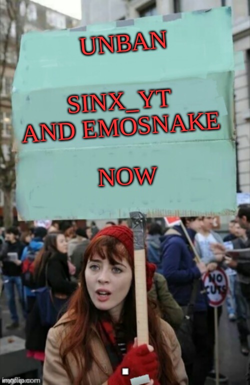 protestor | SINX_YT AND EMOSNAKE; UNBAN; NOW | image tagged in protestor | made w/ Imgflip meme maker