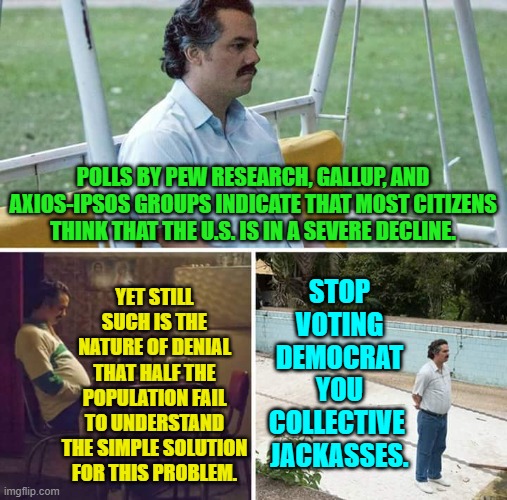 The 'solution' is obvious unless you really are either insane or stupid. | POLLS BY PEW RESEARCH, GALLUP, AND AXIOS-IPSOS GROUPS INDICATE THAT MOST CITIZENS THINK THAT THE U.S. IS IN A SEVERE DECLINE. STOP VOTING DEMOCRAT YOU COLLECTIVE  JACKASSES. YET STILL SUCH IS THE NATURE OF DENIAL THAT HALF THE POPULATION FAIL TO UNDERSTAND THE SIMPLE SOLUTION FOR THIS PROBLEM. | image tagged in sad pablo escobar | made w/ Imgflip meme maker