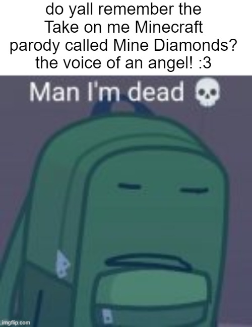 VFDEFJFBGCJIDPHBGFMISDOPUGIVCP9DFURBCKJVFPI9GUBIFP9UHT8 | do yall remember the Take on me Minecraft parody called Mine Diamonds? the voice of an angel! :3 | image tagged in minecraft | made w/ Imgflip meme maker