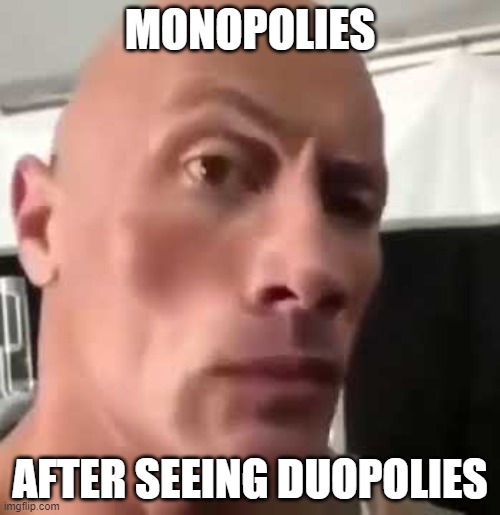 The Rock Eyebrows | MONOPOLIES; AFTER SEEING DUOPOLIES | image tagged in the rock eyebrows,monopoly,money | made w/ Imgflip meme maker