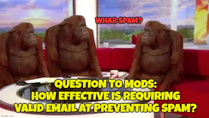 Will this clean up my stream submissions? | WHAR SPAM? QUESTION TO MODS:
HOW EFFECTIVE IS REQUIRING VALID EMAIL AT PREVENTING SPAM? | image tagged in where monkey,memes,spam,valid email,mods,stream | made w/ Imgflip meme maker