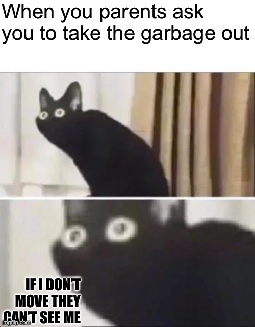 Compost is even worse | When you parents ask you to take the garbage out; IF I DON’T MOVE THEY CAN’T SEE ME | image tagged in oh no black cat | made w/ Imgflip meme maker