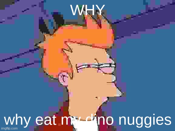 me cry | WHY; why eat my dino nuggies | image tagged in memes,futurama fry | made w/ Imgflip meme maker
