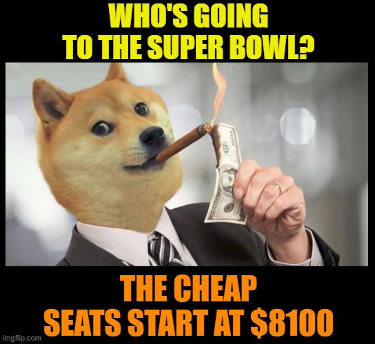 But hey, glimpses of Taylor Swift are free, so there's that | WHO'S GOING TO THE SUPER BOWL? THE CHEAP SEATS START AT $8100 | image tagged in super bowl,football,doge,taylor swift,kansas city chiefs,san francisco 49ers | made w/ Imgflip meme maker