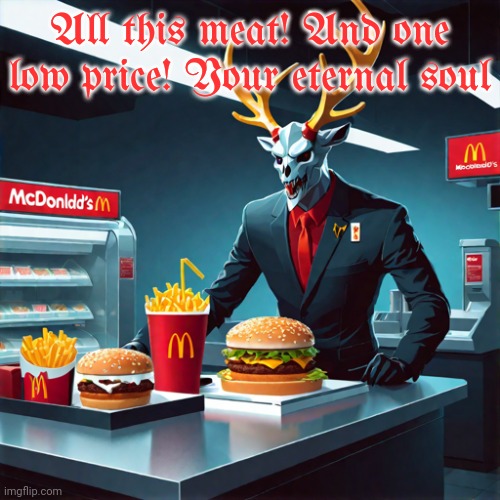 Failed McDonald's ads | All this meat! And one low price! Your eternal soul | image tagged in stop it get some help,mcdonald's,ads,wendigo | made w/ Imgflip meme maker