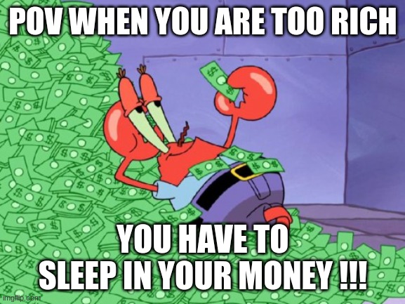 Mr Krabs is too rich | POV WHEN YOU ARE TOO RICH; YOU HAVE TO SLEEP IN YOUR MONEY !!! | image tagged in mr krabs money | made w/ Imgflip meme maker