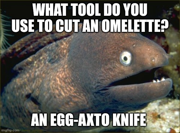 Egg-axto knife | WHAT TOOL DO YOU USE TO CUT AN OMELETTE? AN EGG-AXTO KNIFE | image tagged in memes,bad joke eel,puns,food memes,jpfan102504 | made w/ Imgflip meme maker