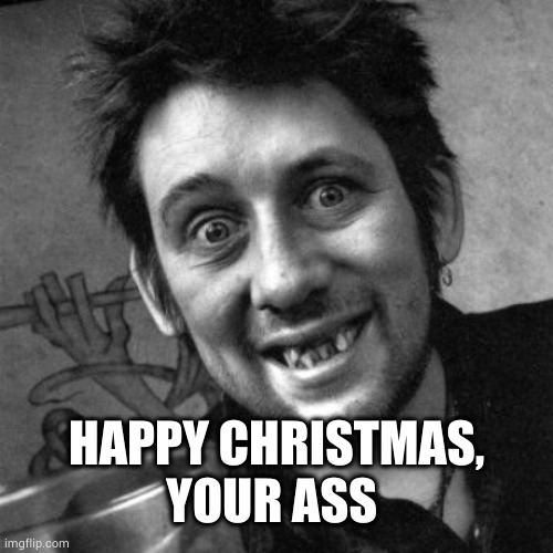 Shane Macgowan | HAPPY CHRISTMAS, YOUR ASS | image tagged in shane macgowan | made w/ Imgflip meme maker