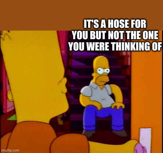 Homer sitting in stair case bart entering door | IT'S A HOSE FOR YOU BUT NOT THE ONE YOU WERE THINKING OF | image tagged in homer sitting in stair case bart entering door | made w/ Imgflip meme maker