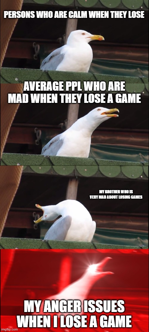 Inhaling Seagull Meme | PERSONS WHO ARE CALM WHEN THEY LOSE; AVERAGE PPL WHO ARE MAD WHEN THEY LOSE A GAME; MY BROTHER WHO IS VERY MAD ABOUT LOSING GAMES; MY ANGER ISSUES WHEN I LOSE A GAME | image tagged in memes,inhaling seagull | made w/ Imgflip meme maker
