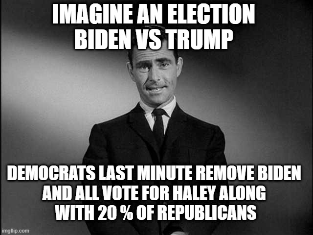 twilight | IMAGINE AN ELECTION 
BIDEN VS TRUMP; DEMOCRATS LAST MINUTE REMOVE BIDEN 
AND ALL VOTE FOR HALEY ALONG 
WITH 20 % OF REPUBLICANS | image tagged in rod serling twilight zone | made w/ Imgflip meme maker