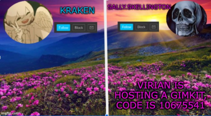 10675541 | VIRIAN IS HOSTING A GIMKIT, CODE IS 10675541 | image tagged in sally skellington and kraken announcment template | made w/ Imgflip meme maker