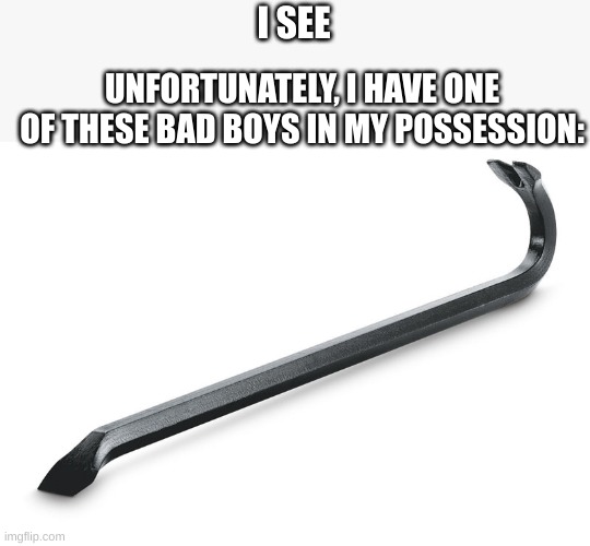 Crowbar | I SEE UNFORTUNATELY, I HAVE ONE OF THESE BAD BOYS IN MY POSSESSION: | image tagged in crowbar | made w/ Imgflip meme maker