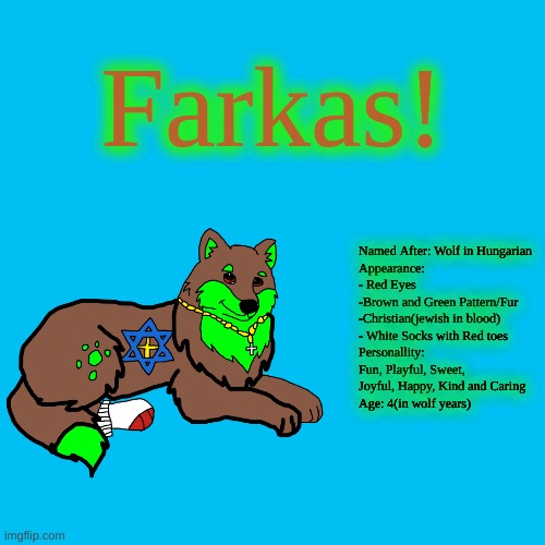 While I don't label Farkas as a "Fursona"(yet maybe), I can say he'd make a good one | Farkas! Named After: Wolf in Hungarian
Appearance:
- Red Eyes
-Brown and Green Pattern/Fur
-Christian(jewish in blood)
- White Socks with Red toes
Personallity: Fun, Playful, Sweet, Joyful, Happy, Kind and Caring
Age: 4(in wolf years) | made w/ Imgflip meme maker