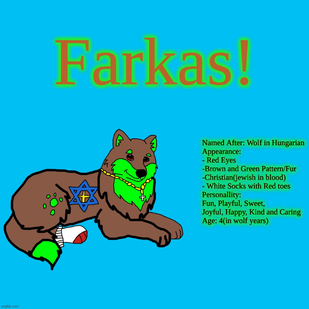 Prompt in comments when approved(if it takes a while, don't ask why) | Farkas! Named After: Wolf in Hungarian
Appearance:
- Red Eyes
-Brown and Green Pattern/Fur
-Christian(jewish in blood)
- White Socks with Red toes
Personallity: Fun, Playful, Sweet, Joyful, Happy, Kind and Caring
Age: 4(in wolf years) | made w/ Imgflip meme maker