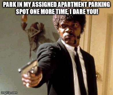 Parking trolls. | PARK IN MY ASSIGNED APARTMENT PARKING SPOT ONE MORE TIME, I DARE YOU! | image tagged in memes,say that again i dare you | made w/ Imgflip meme maker