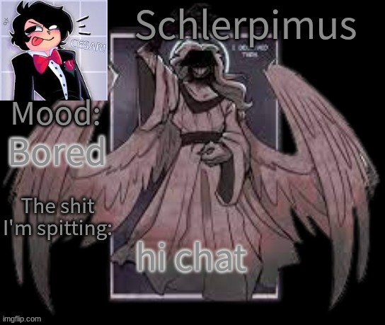 Schlerpimus Announcement Temp | Bored; hi chat | image tagged in schlerpimus announcement temp | made w/ Imgflip meme maker
