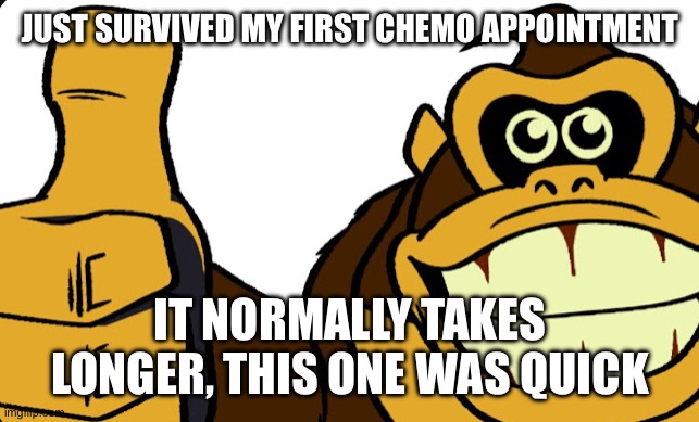 They normally take a couple hours but can be as short as five minutes and as long as ten hours | JUST SURVIVED MY FIRST CHEMO APPOINTMENT; IT NORMALLY TAKES LONGER, THIS ONE WAS QUICK | image tagged in donkey kong okay | made w/ Imgflip meme maker