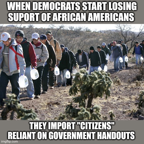 The electoral voting numbers will lie | WHEN DEMOCRATS START LOSING SUPORT OF AFRICAN AMERICANS; THEY IMPORT "CITIZENS" RELIANT ON GOVERNMENT HANDOUTS | image tagged in illegal immigrants crossing border | made w/ Imgflip meme maker