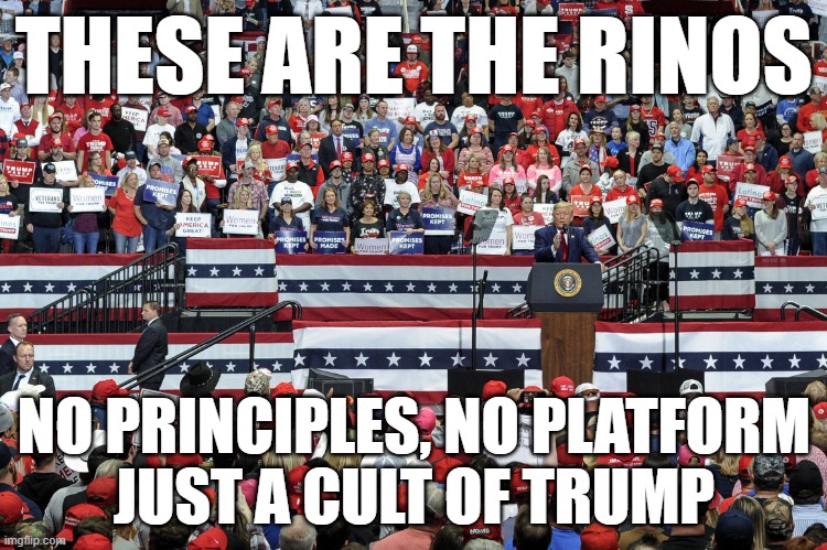 It's always funny when MAGAts talk about RINOs | THESE ARE THE RINOS; NO PRINCIPLES, NO PLATFORM
JUST A CULT OF TRUMP | image tagged in natural selection,rino,maga,you are what you hate | made w/ Imgflip meme maker