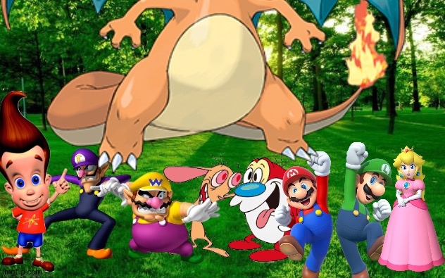 Wario and Friends dies by a Giant Charizard during a Forest adventure | image tagged in wario dies,ren and stimpy,super mario,jimmy neutron,pokemon,crossover | made w/ Imgflip meme maker