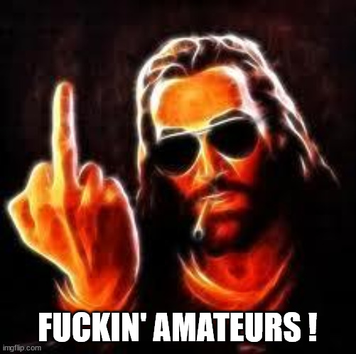 FUCKIN' AMATEURS ! | image tagged in jesus middle finger | made w/ Imgflip meme maker