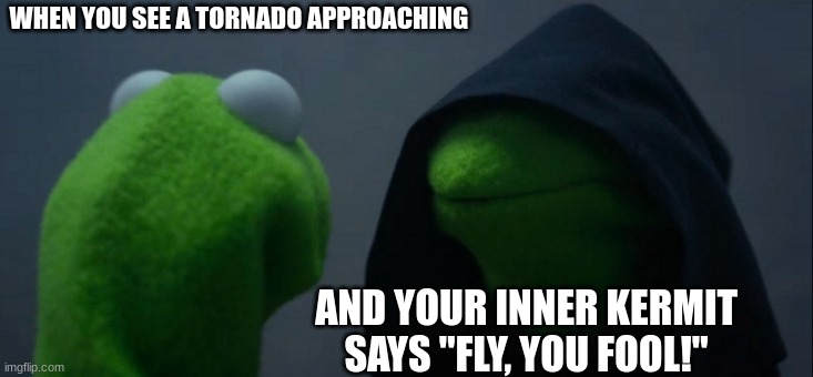 tornado | WHEN YOU SEE A TORNADO APPROACHING; AND YOUR INNER KERMIT SAYS "FLY, YOU FOOL!" | image tagged in memes,evil kermit | made w/ Imgflip meme maker