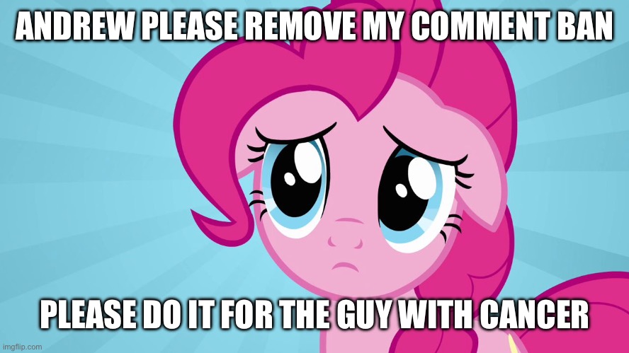 I don’t like pulling the “I have cancer” card, but I did threaten to use it earlier didn’t I? | ANDREW PLEASE REMOVE MY COMMENT BAN; PLEASE DO IT FOR THE GUY WITH CANCER | image tagged in pinkie pie sad face | made w/ Imgflip meme maker