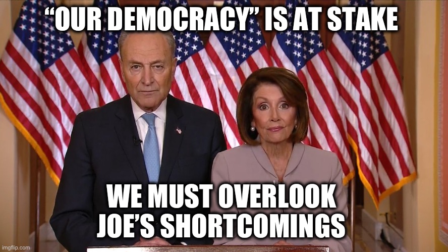 Chuck and Nancy | “OUR DEMOCRACY” IS AT STAKE WE MUST OVERLOOK 
JOE’S SHORTCOMINGS | image tagged in chuck and nancy | made w/ Imgflip meme maker