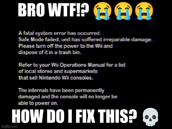 PLEASE HELP ONG ??? | BRO WTF!? 😭😭😭; HOW DO I FIX THIS? 💀 | image tagged in wii,gaming | made w/ Imgflip meme maker