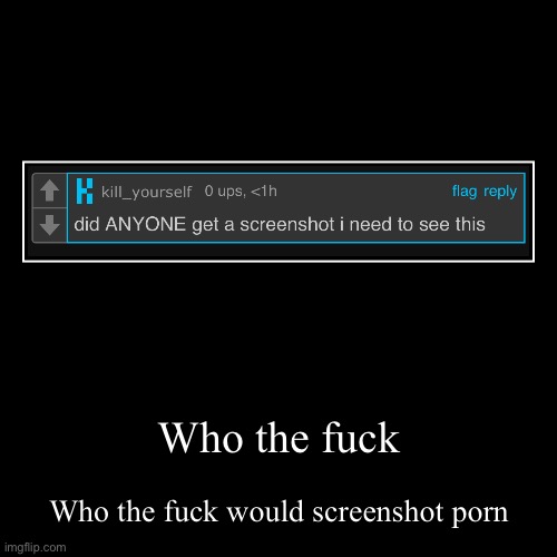 And admit that they screenshot it | Who the fuck | Who the fuck would screenshot porn | image tagged in funny,demotivationals | made w/ Imgflip demotivational maker