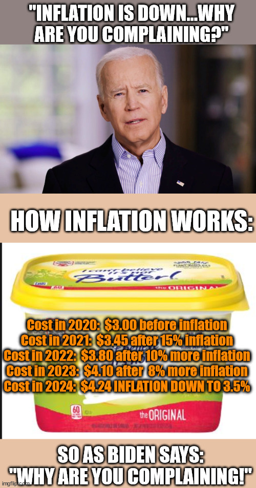 Are you better off today? | "INFLATION IS DOWN...WHY ARE YOU COMPLAINING?"; HOW INFLATION WORKS:; Cost in 2020:  $3.00 before inflation
Cost in 2021:  $3.45 after 15% inflation
Cost in 2022:  $3.80 after 10% more inflation
Cost in 2023:  $4.10 after  8% more inflation
Cost in 2024:  $4.24 INFLATION DOWN TO 3.5%; SO AS BIDEN SAYS: "WHY ARE YOU COMPLAINING!" | image tagged in joe biden 2020,i cant believe its not butter | made w/ Imgflip meme maker