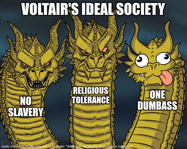 Three-headed Dragon | VOLTAIR'S IDEAL SOCIETY; RELIGIOUS TOLERANCE; ONE DUMBASS; NO SLAVERY | image tagged in three-headed dragon | made w/ Imgflip meme maker