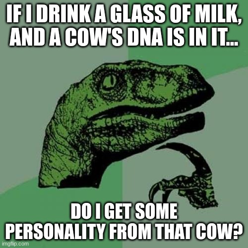 I blame my bad grades on that cow :) | IF I DRINK A GLASS OF MILK,
AND A COW'S DNA IS IN IT... DO I GET SOME PERSONALITY FROM THAT COW? | image tagged in memes,philosoraptor | made w/ Imgflip meme maker