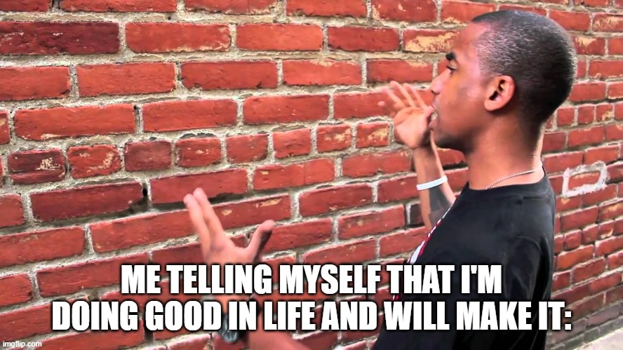 Man talking to wall | ME TELLING MYSELF THAT I'M DOING GOOD IN LIFE AND WILL MAKE IT: | image tagged in man talking to wall | made w/ Imgflip meme maker
