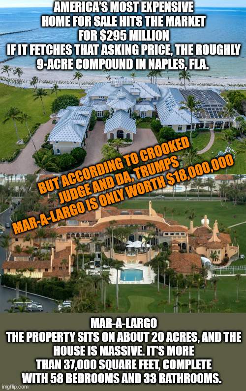 They insult our intelligence continually. | AMERICA’S MOST EXPENSIVE HOME FOR SALE HITS THE MARKET FOR $295 MILLION
IF IT FETCHES THAT ASKING PRICE, THE ROUGHLY 9-ACRE COMPOUND IN NAPLES, FLA. BUT ACCORDING TO CROOKED JUDGE AND DA, TRUMPS MAR-A-LARGO IS ONLY WORTH $18,000,000; MAR-A-LARGO
THE PROPERTY SITS ON ABOUT 20 ACRES, AND THE HOUSE IS MASSIVE. IT'S MORE THAN 37,000 SQUARE FEET, COMPLETE WITH 58 BEDROOMS AND 33 BATHROOMS. | image tagged in doj,crooked | made w/ Imgflip meme maker