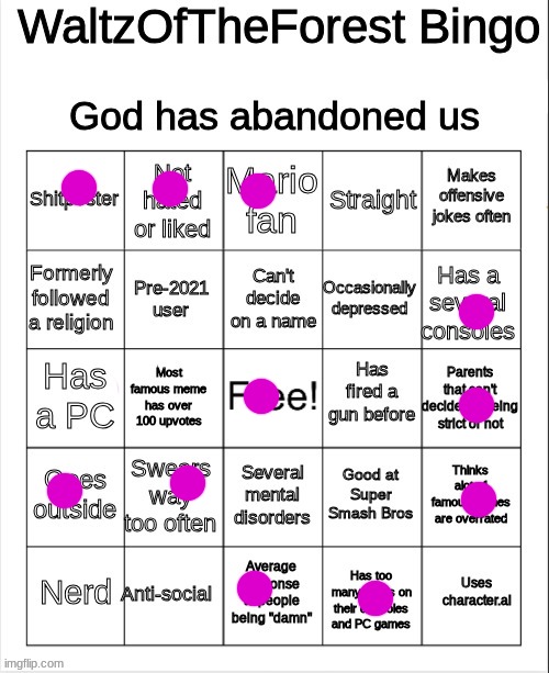 everyone, send me your bingo's | image tagged in waltzoftheforest bingo | made w/ Imgflip meme maker