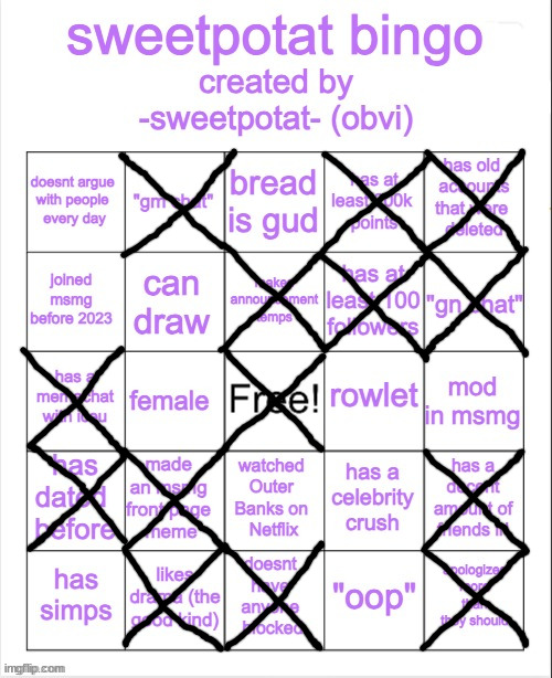 sweetpotat bingo! | image tagged in sweetpotat bingo | made w/ Imgflip meme maker