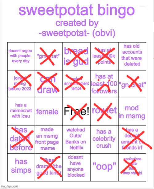 no bigno :C | image tagged in sweetpotat bingo | made w/ Imgflip meme maker