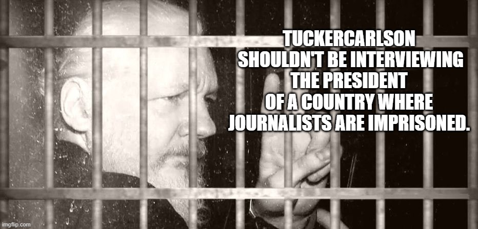journalist interview tyrants | TUCKERCARLSON
 SHOULDN'T BE INTERVIEWING THE PRESIDENT OF A COUNTRY WHERE JOURNALISTS ARE IMPRISONED. | image tagged in journalist interview tyrants | made w/ Imgflip meme maker