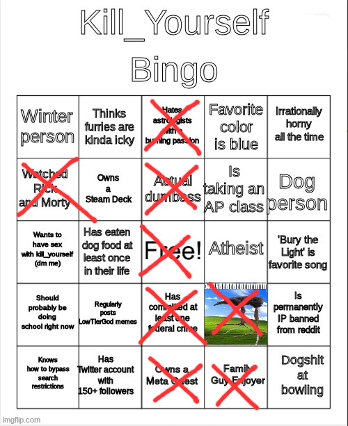 1 bingo (my crime was putting my money in the laundry) | image tagged in kill_yourself bingo | made w/ Imgflip meme maker