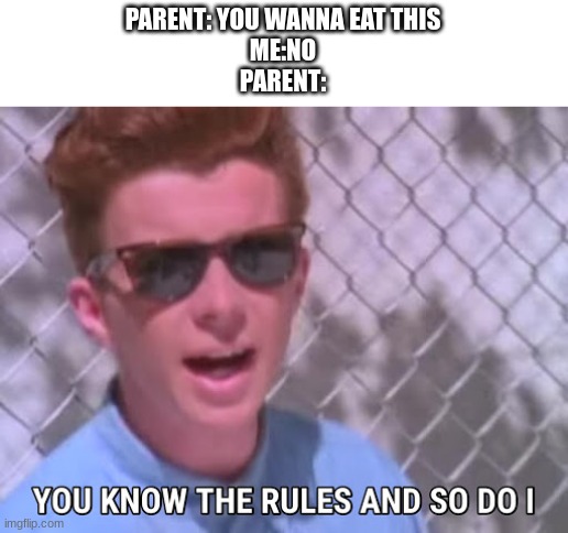 like whats the point of asking me is your just going to feed me it | PARENT: YOU WANNA EAT THIS
ME:NO
PARENT: | image tagged in rick astley you know the rules | made w/ Imgflip meme maker