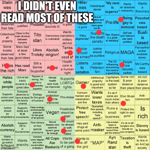 Political Compass bingo | I DIDN'T EVEN READ MOST OF THESE | image tagged in political compass bingo | made w/ Imgflip meme maker