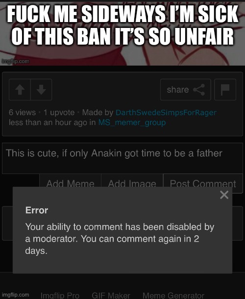 FUCK ME SIDEWAYS I’M SICK OF THIS BAN IT’S SO UNFAIR | made w/ Imgflip meme maker